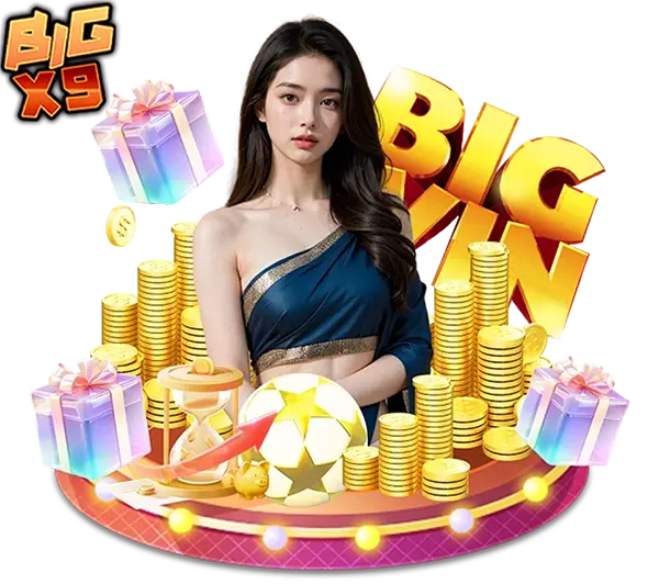 BIGX9 เกมสล็อตออนไลน์ ภาพผู้หญิงล้อมรอบด้วยเหรียญทองและสัญลักษณ์เกม แตกง่าย โบนัสจัดเต็ม เล่นได้ตลอด 24 ชั่วโมง