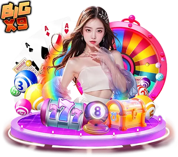 BIGX9 สล็อตและคาสิโนออนไลน์ ภาพผู้หญิงพร้อมวงล้อสีรุ้ง ลูกเต๋า และสัญลักษณ์เกม ลุ้นรางวัลใหญ่ เล่นง่าย โบนัสแตกไว