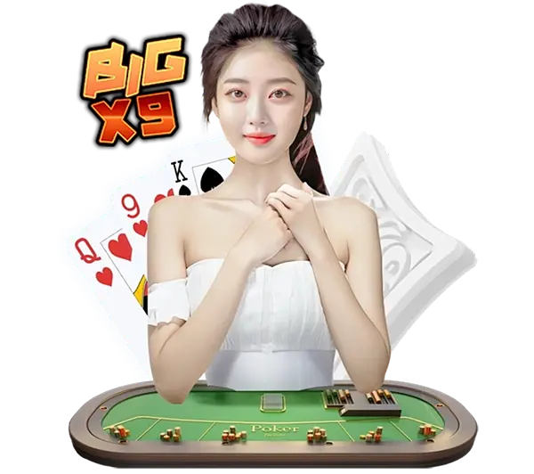 BIGX9 หน้าแรกคาสิโนออนไลน์ ภาพผู้หญิงกับโต๊ะบาคาร่า ไพ่ และชิปคาสิโน เล่นง่าย ฝากถอนออโต้ รองรับทุกอุปกรณ์